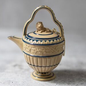 NINI Lion Caneware Miniature Small Hand Painted Teapot Trinket Box Vintage Blue